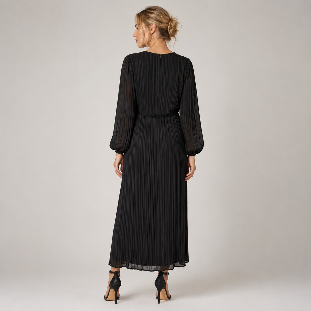 Zara Black Long-Sleeve Pleated Wrap Midi Dress size XS - Picture 2 of 7